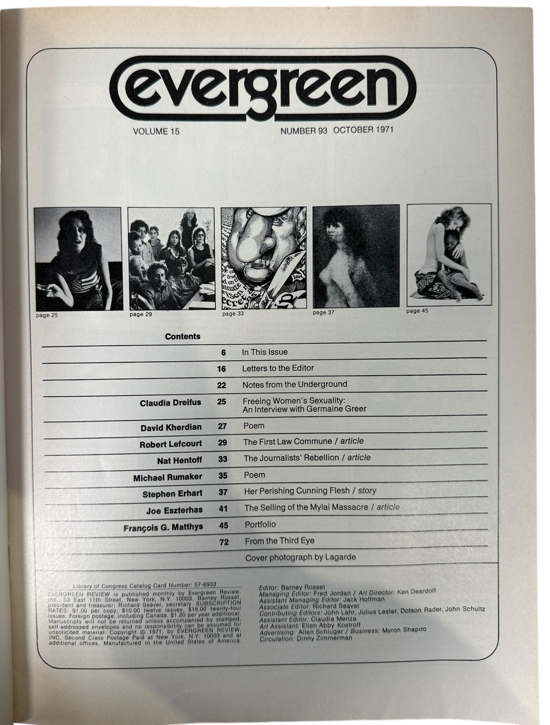 Evergreen Review No. 93 (Oct 1971) with Germaine Greer interview and My Lai feature. Vintage Grove Press issue in good condition, key 1970s feminist collectible.