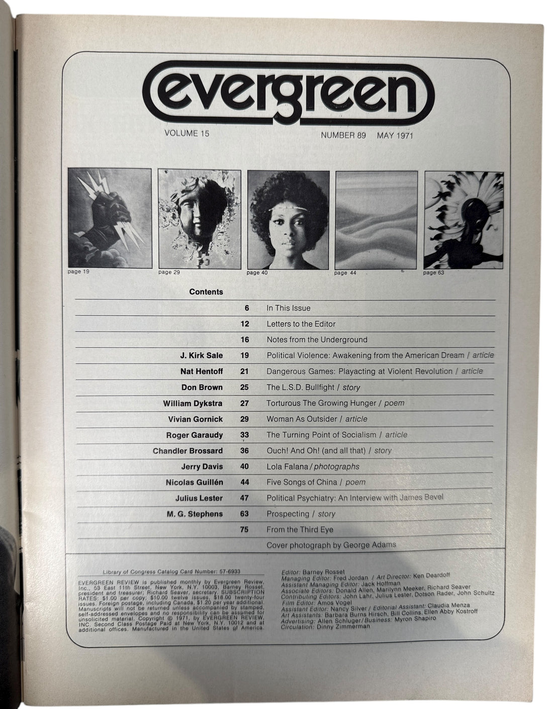Evergreen Review May 1971 #89 – Classic George Adams cover &amp; radical 1970s essays by Sale, Gornick &amp; Lester. Vintage VG copy from Eco Depot Montreal.