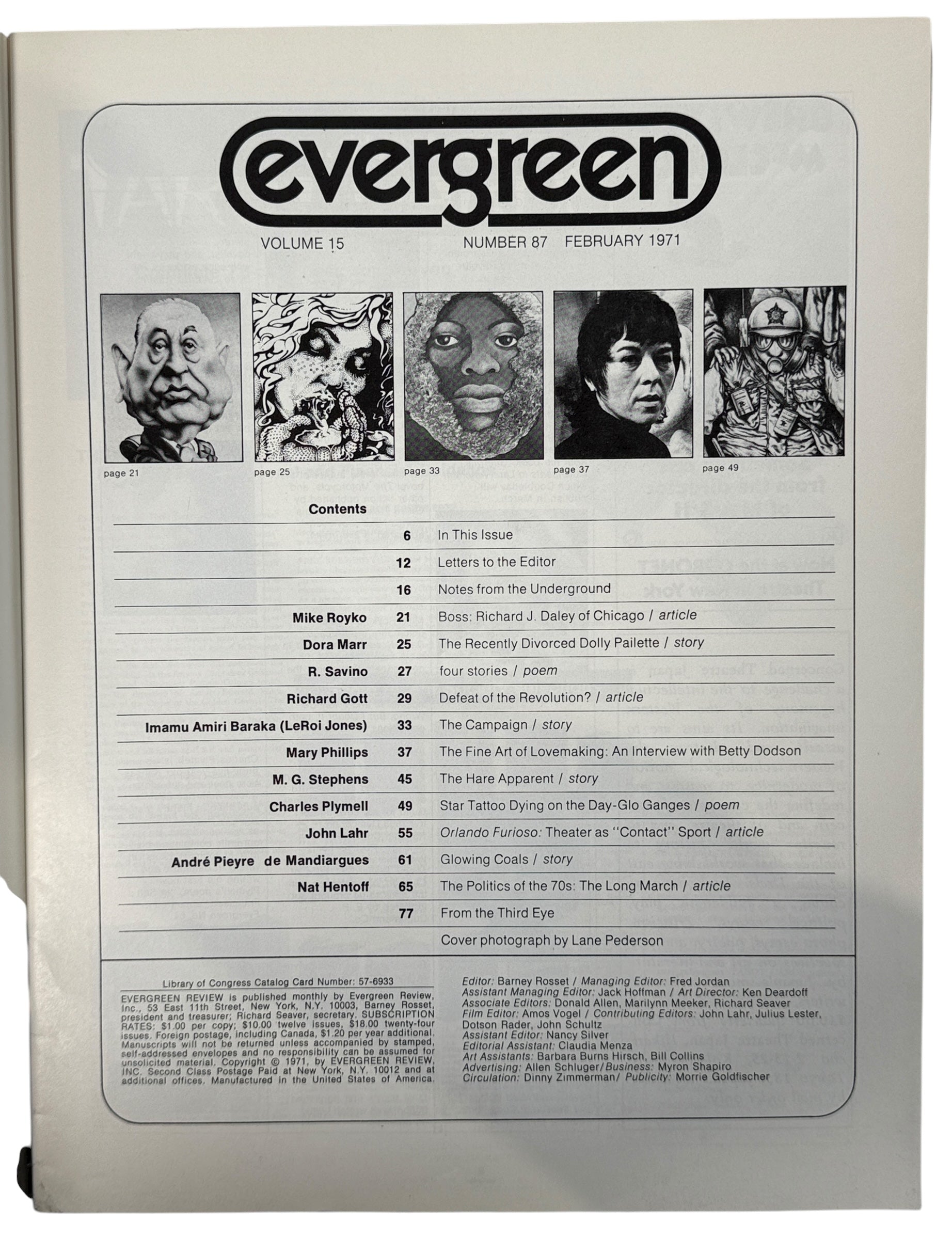 Evergreen Review No. 87, Feb 1971 – Lane Pederson cover with works by Amiri Baraka, Mike Royko &amp; others. Classic avant-garde literary magazine.