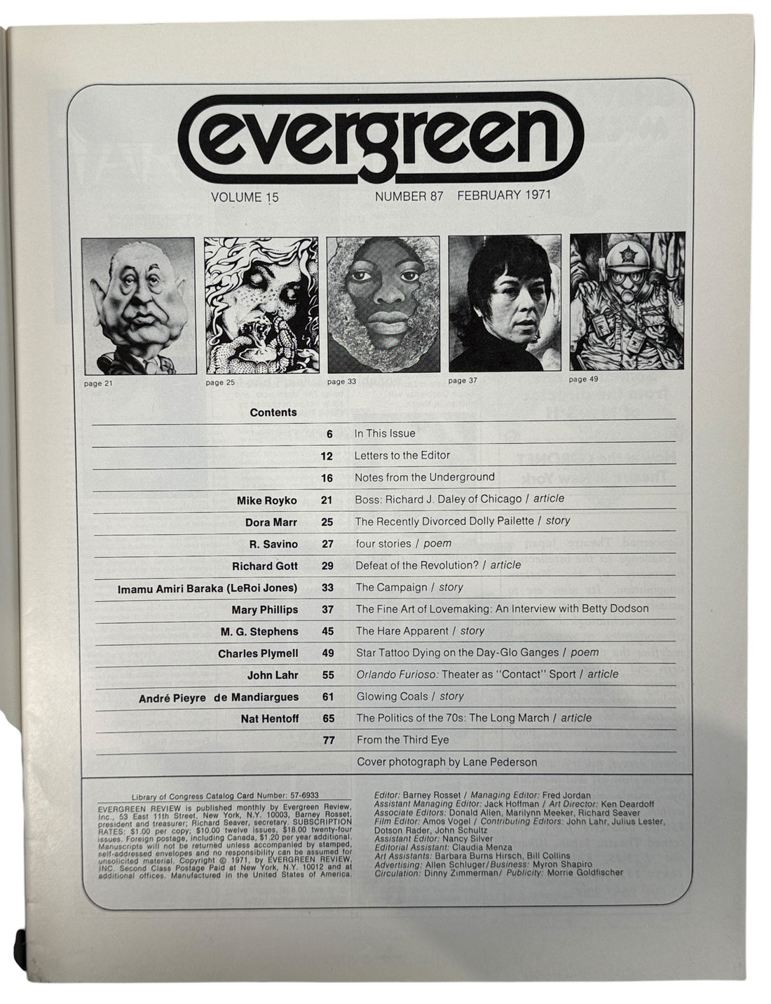 Evergreen Review No. 87, Feb 1971 – Lane Pederson cover with works by Amiri Baraka, Mike Royko &amp; others. Classic avant-garde literary magazine.