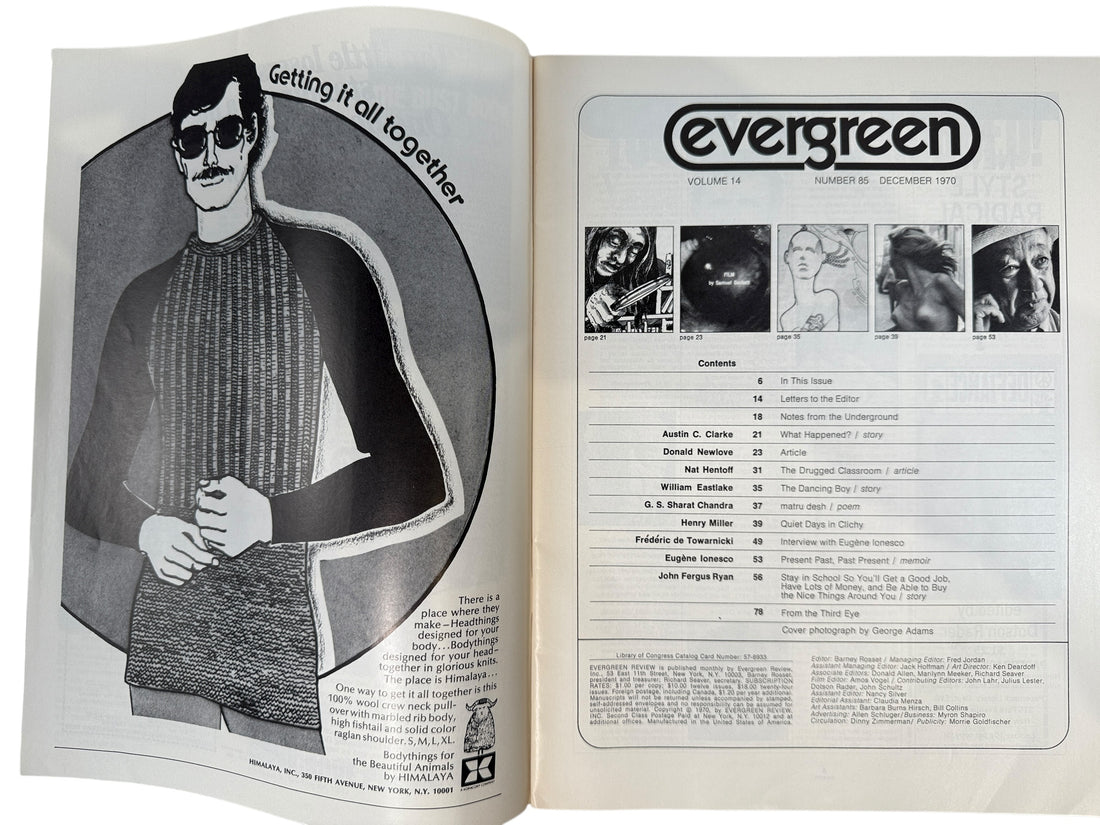Evergreen Review December 1970 Issue #85 featuring Henry Miller, Eugène Ionesco &amp; Austin C. Clarke with a striking George Adams cover photo