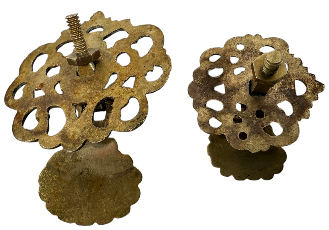 Vintage brass Chippendale drawer pulls set of 14, ornate shell drop handles for dresser or vanity restoration. Solid brass aged patina furniture hardware.