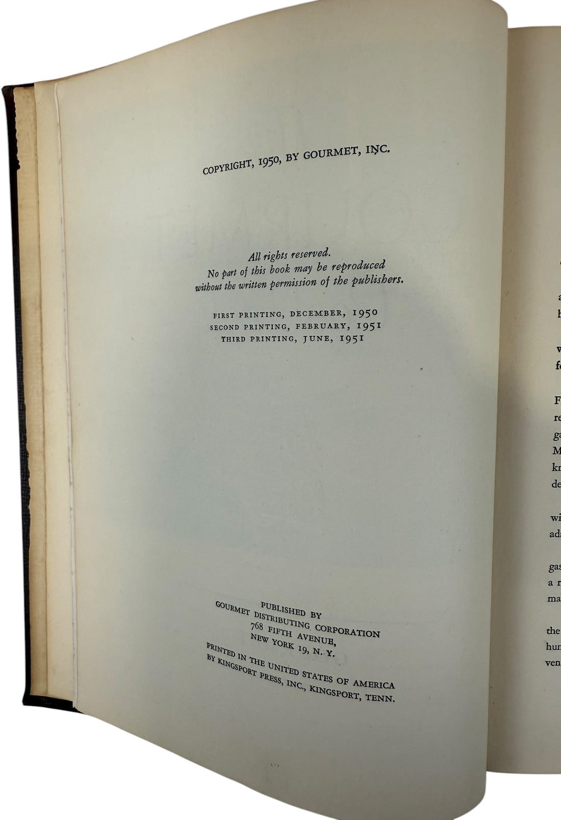 Vintage 1950 Gourmet Cookbook by Elizabeth B. Dietrich. Early edition from Gourmet Magazine with gilt cover and color plates. Classic mid-century collectible.
