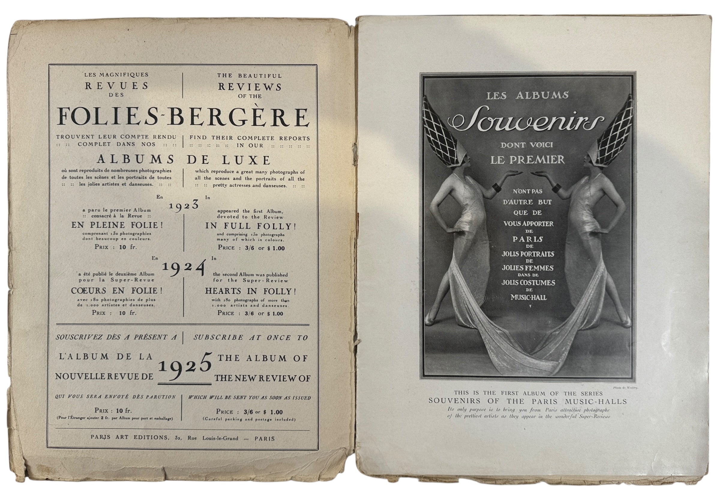 Vintage 1923 Folies-Bergère souvenir album by Paris Art Éditions. Rare Art Deco photos of Paris Music Hall dancers by Waléry.