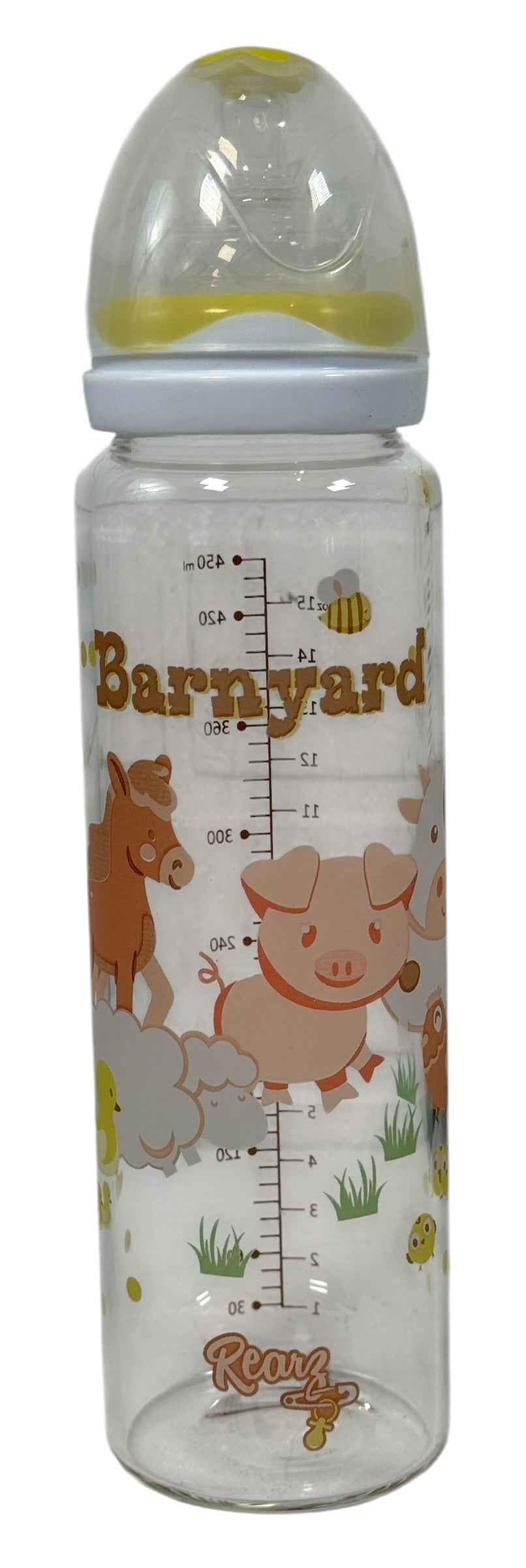 Rearz Barnyard oversized glass adult baby bottle, full-print barn animals, borosilicate glass, silicone nipple. Rare adult-sized collectible & display piece.