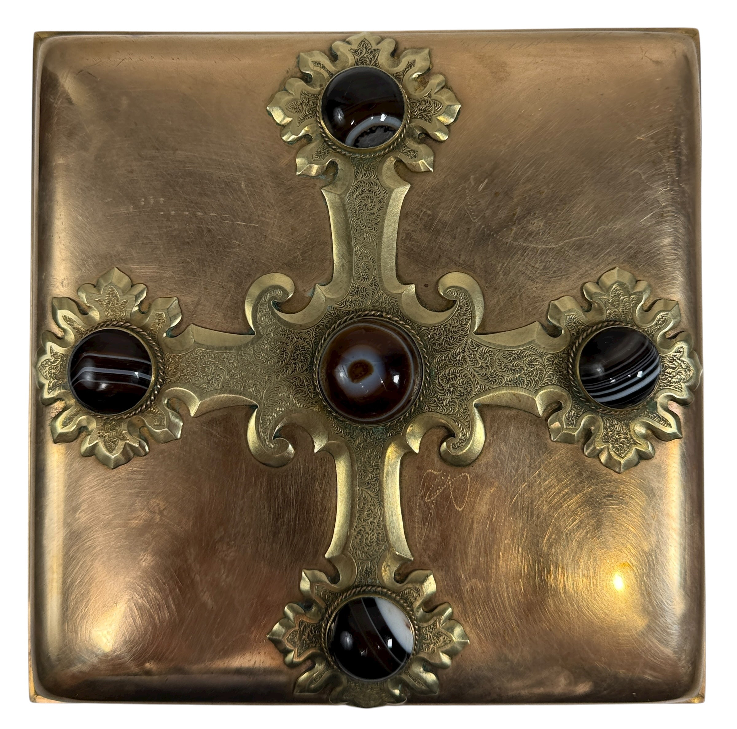 Vintage brass trinket box with agate cabochons and ornate domed lid. Purple lined interior, mid-century style décor piece for jewelry or keepsakes. Unique vintage find.