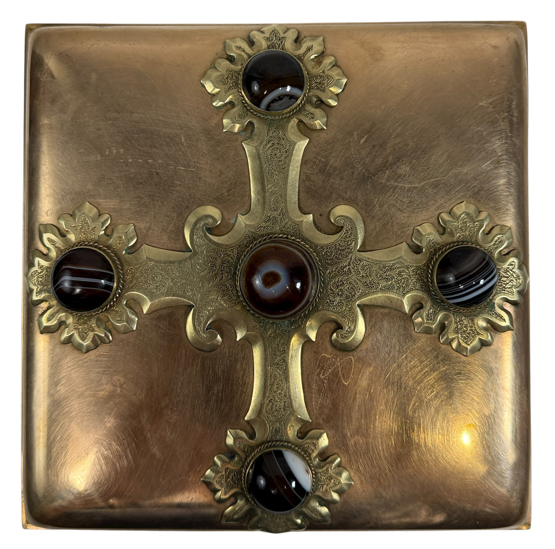 Vintage brass trinket box with agate cabochons and ornate domed lid. Purple lined interior, mid-century style décor piece for jewelry or keepsakes. Unique vintage find.