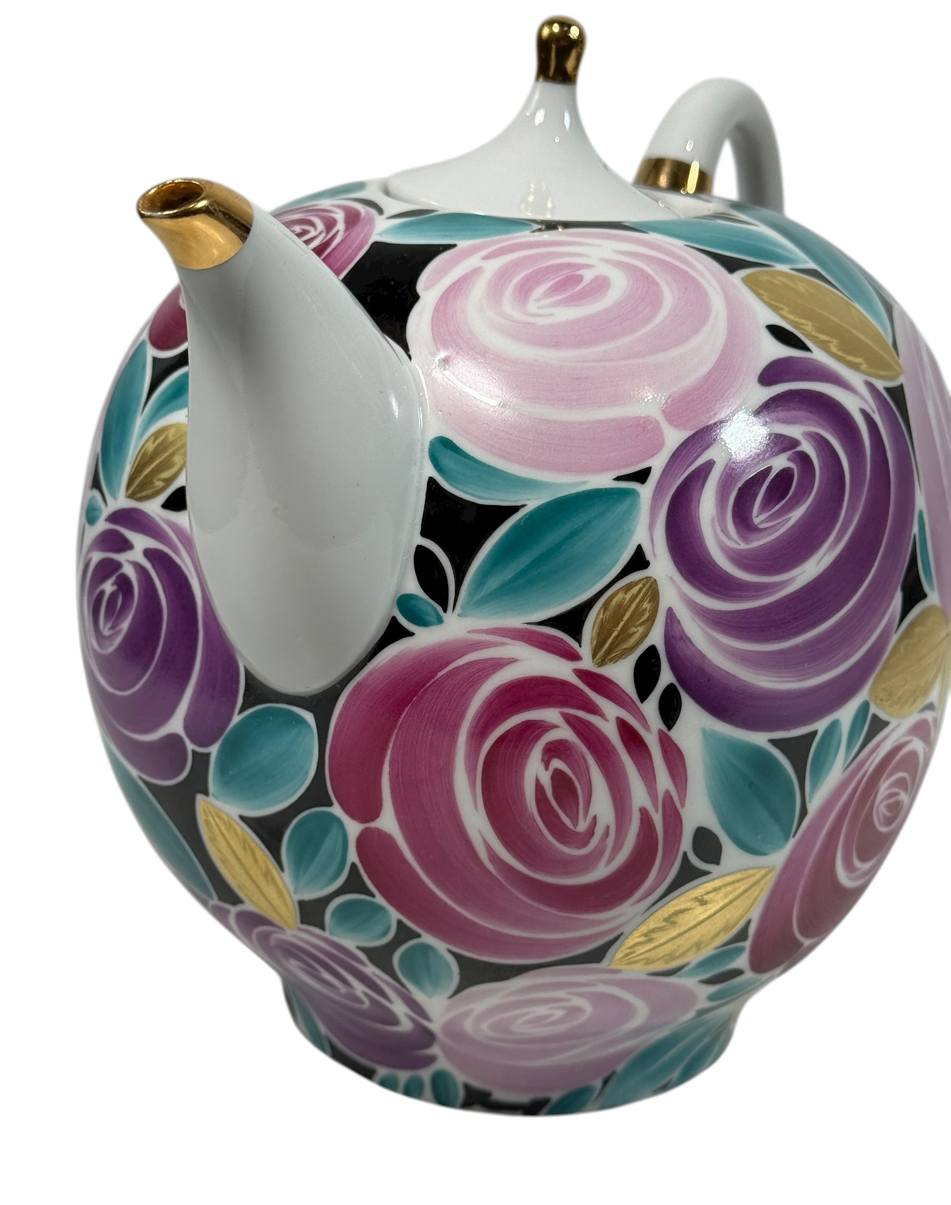 Vintage Lomonosov LFZ 1980s porcelain teapot with hand-painted roses and gold trim. Collectible Soviet-era floral design in excellent condition.
