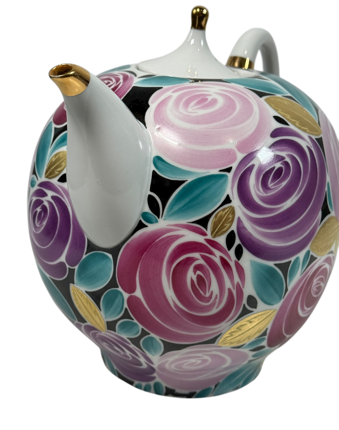 Vintage Lomonosov LFZ 1980s porcelain teapot with hand-painted roses and gold trim. Collectible Soviet-era floral design in excellent condition.