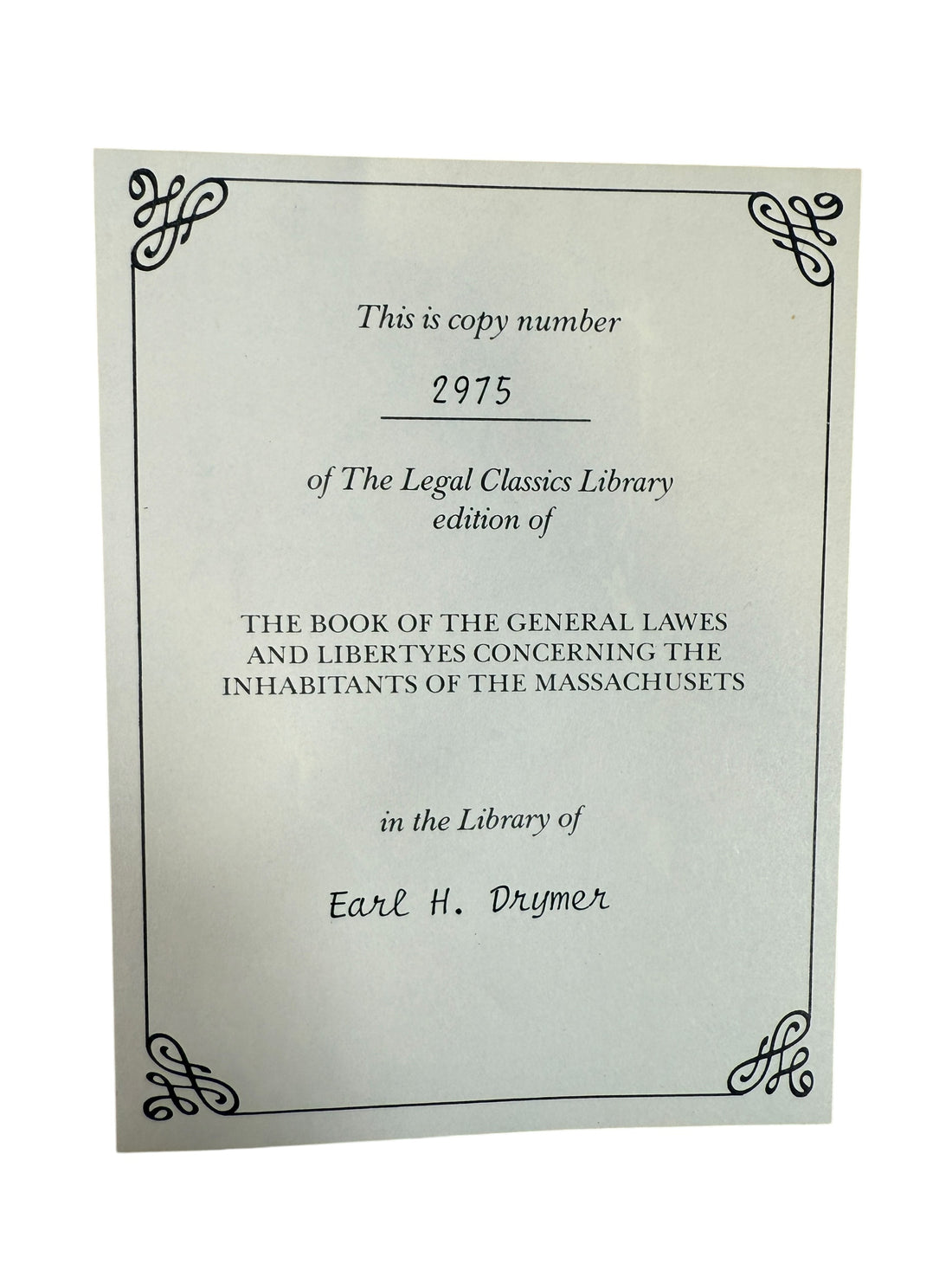 Leatherbound Gryphon Editions Laws and Liberties of Massachusetts. Limited numbered edition with gilt design. Excellent condition for collectors of early American law.