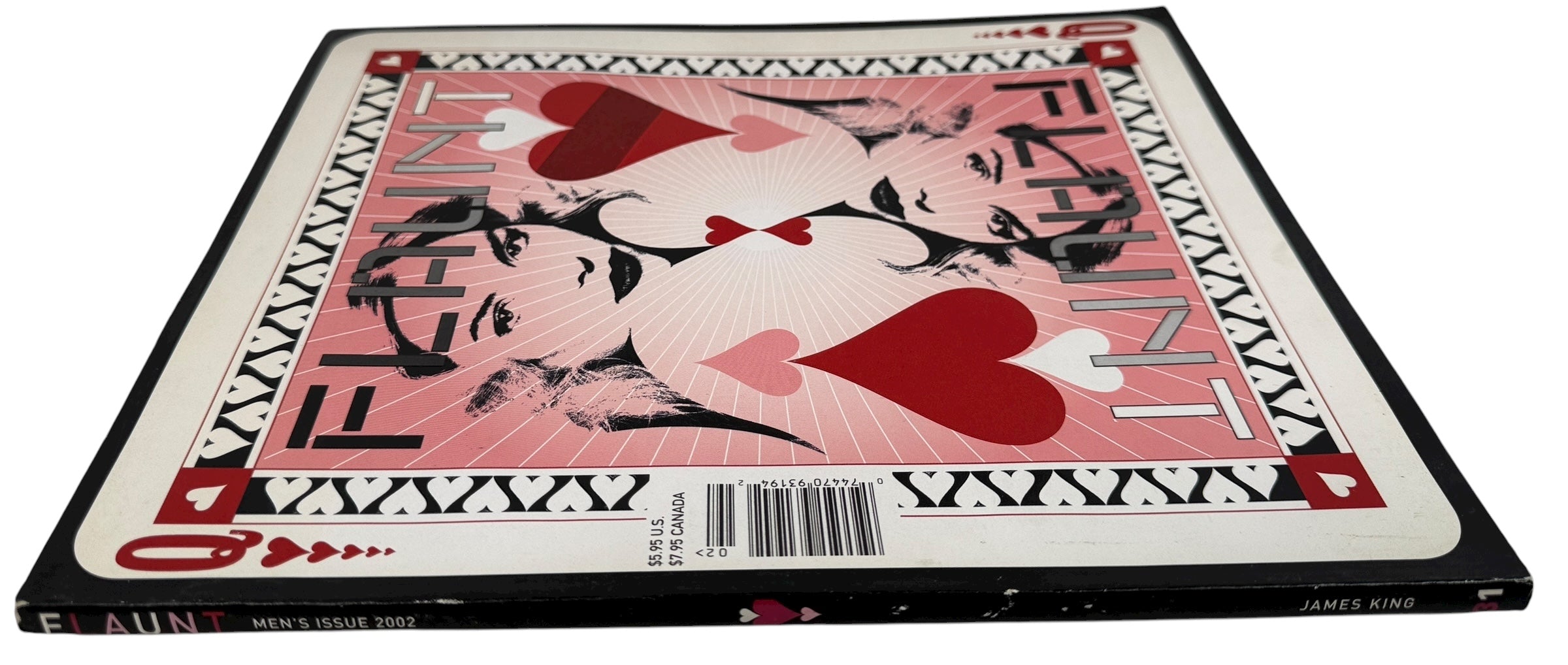 Flaunt Magazine February 2002 James King Men’s Issue. Bold Queen of Hearts cover, VG condition, culture and fashion features. Collectible early 2000s Flaunt.