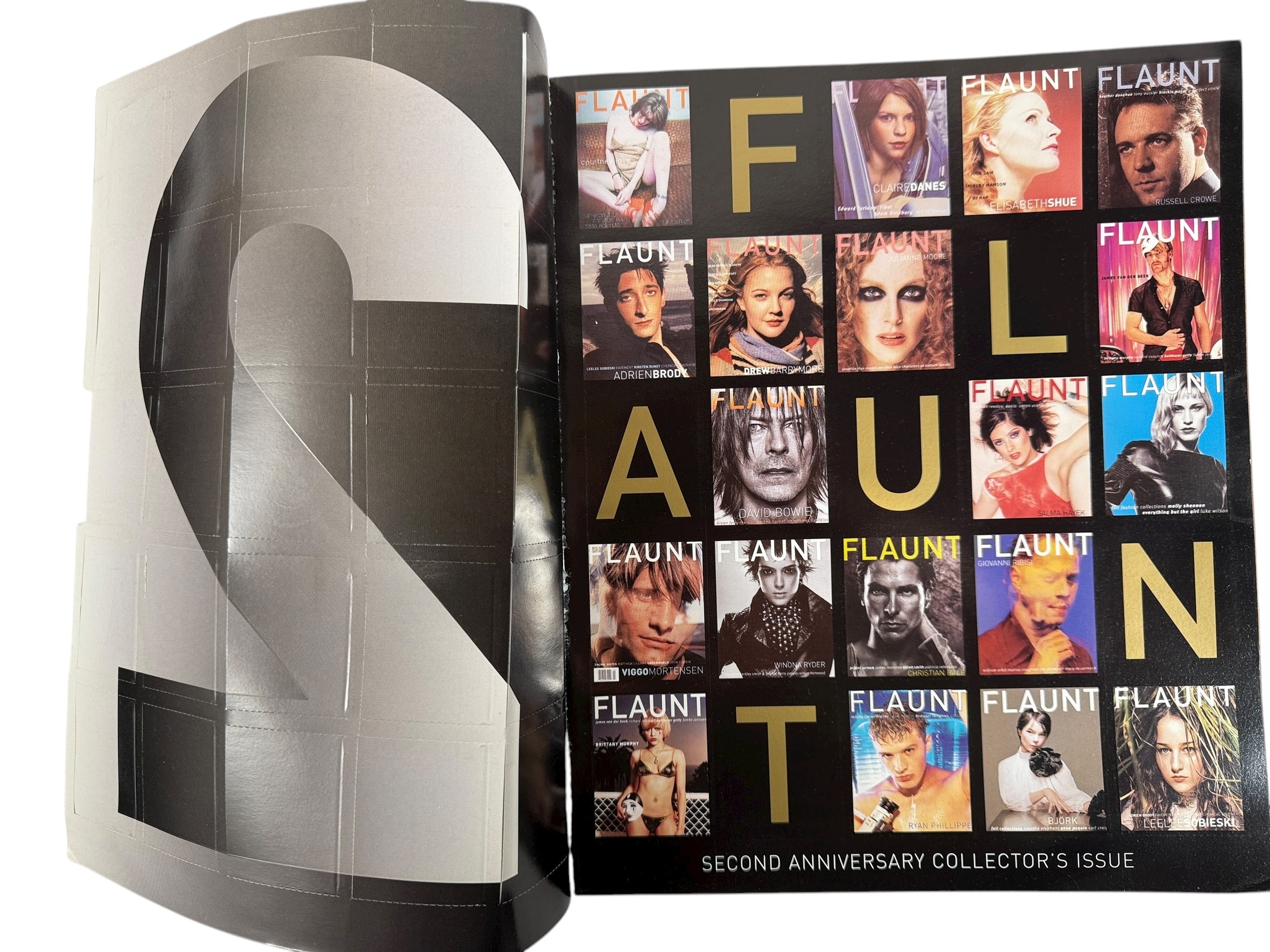 Flaunt Magazine Second Anniversary Nov 2000. Gold-foil mosaic cover, VG condition, clean pages. Rare early collector issue for fashion and design fans.
