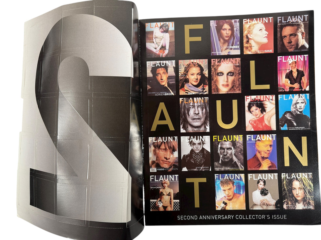 Flaunt Magazine Second Anniversary Nov 2000. Gold-foil mosaic cover, VG condition, clean pages. Rare early collector issue for fashion and design fans.