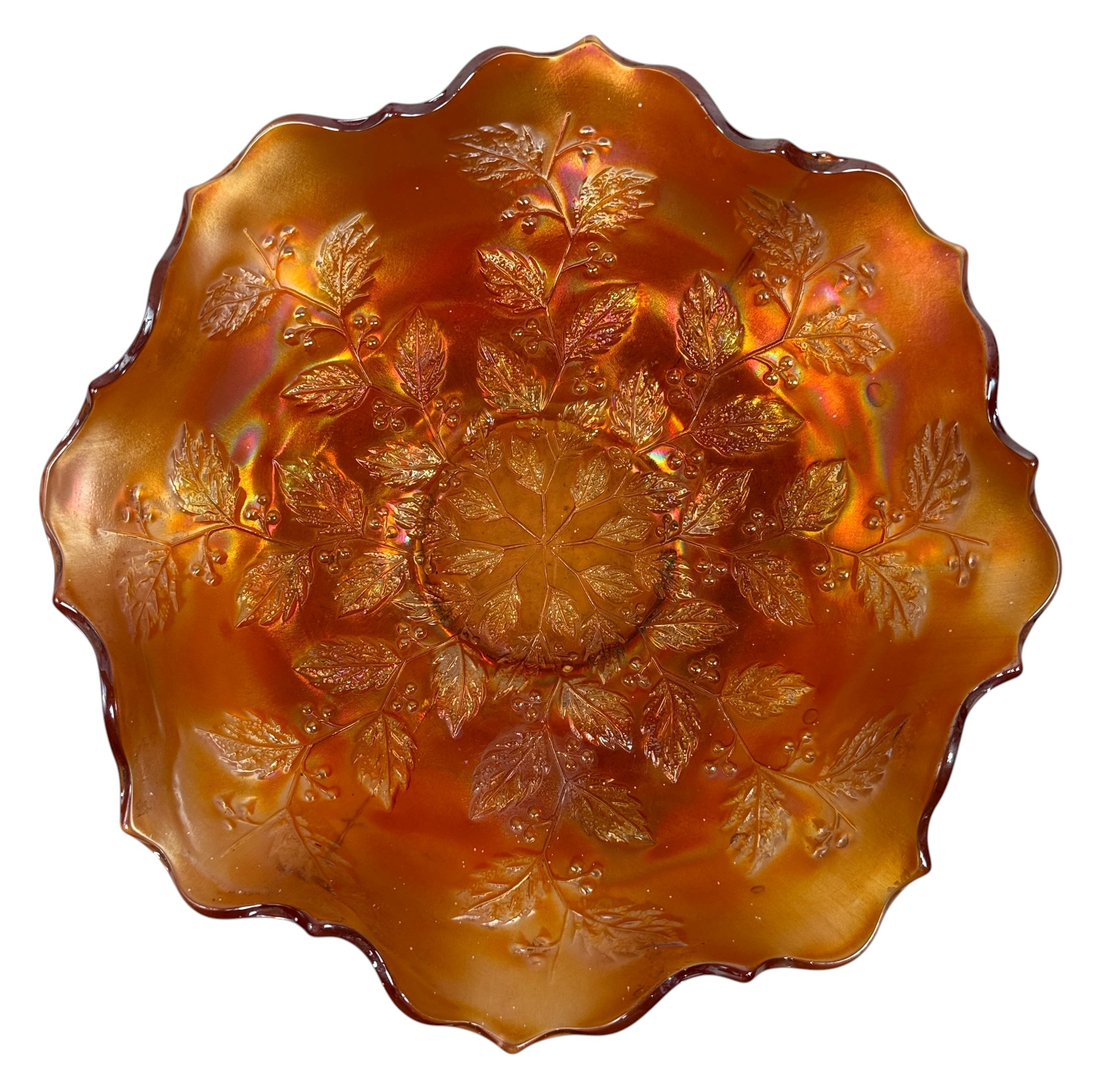 Vintage Fenton marigold carnival glass bowl in Leaf &amp; Berry pattern with ruffled edge. Strong iridescence, early 1900s American glass. VG condition.