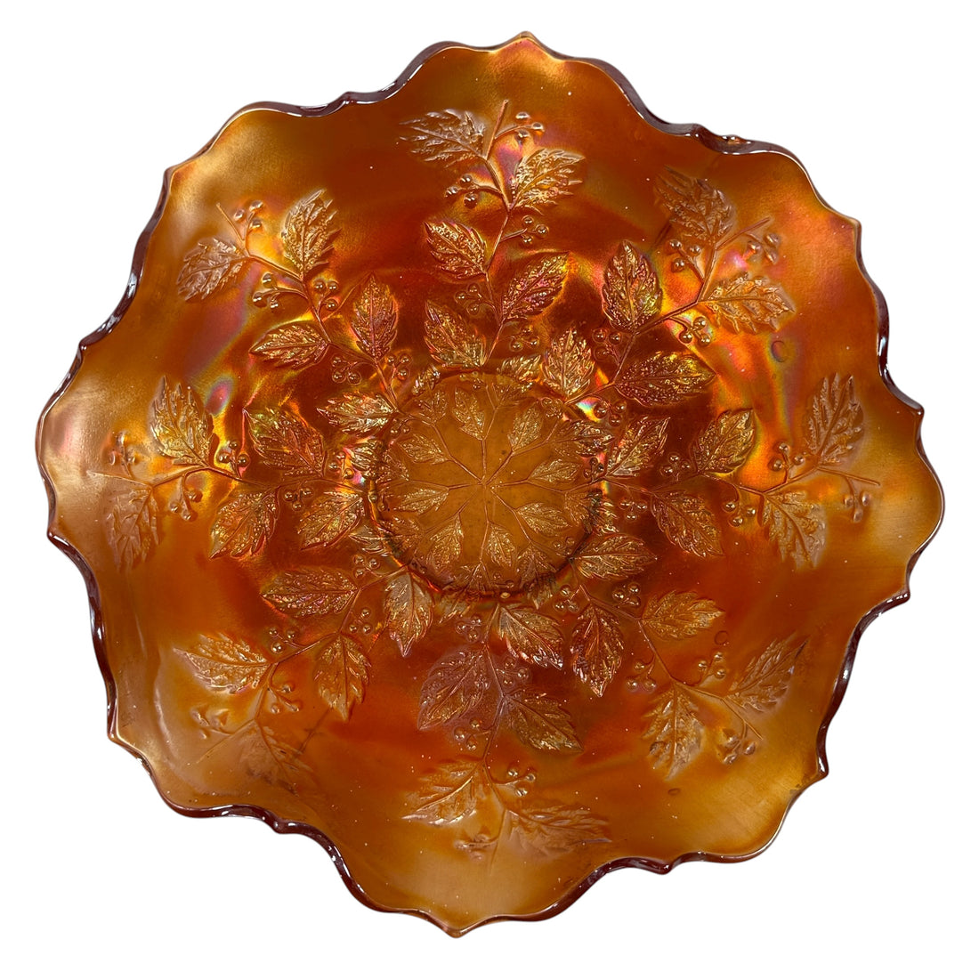 Vintage Fenton marigold carnival glass bowl in Leaf &amp; Berry pattern with ruffled edge. Strong iridescence, early 1900s American glass. VG condition.