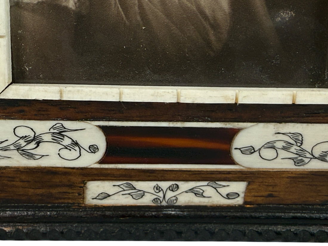 Mid-century Indian bone and horn inlay frame with hand-painted floral panels. Authentic materials, vintage patina, 1950s–70s craftsmanship. Great decor piece.