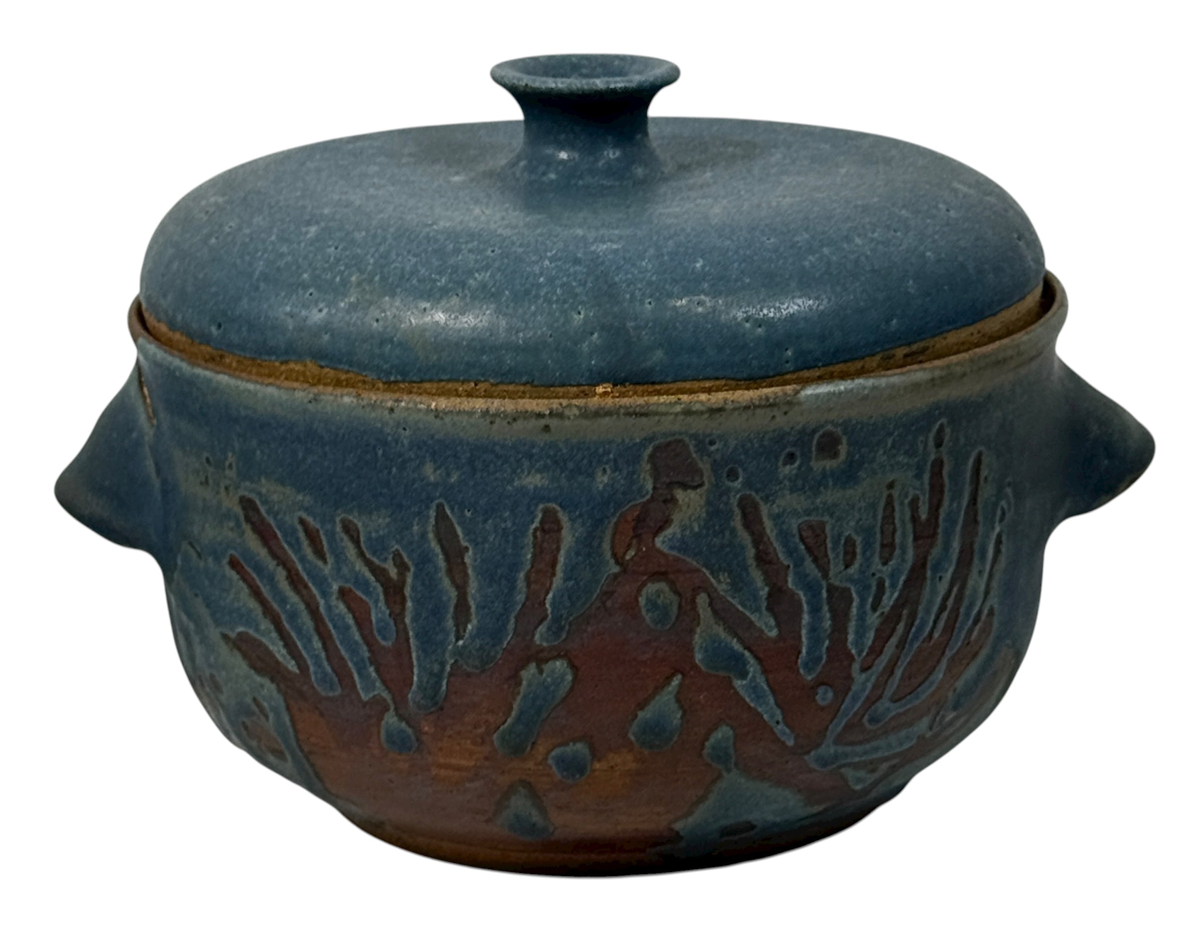 Handmade Québec studio pottery set signed Achard. Includes carved casserole with lid and six blue bowls. Vintage artisan ceramic tableware in excellent condition.