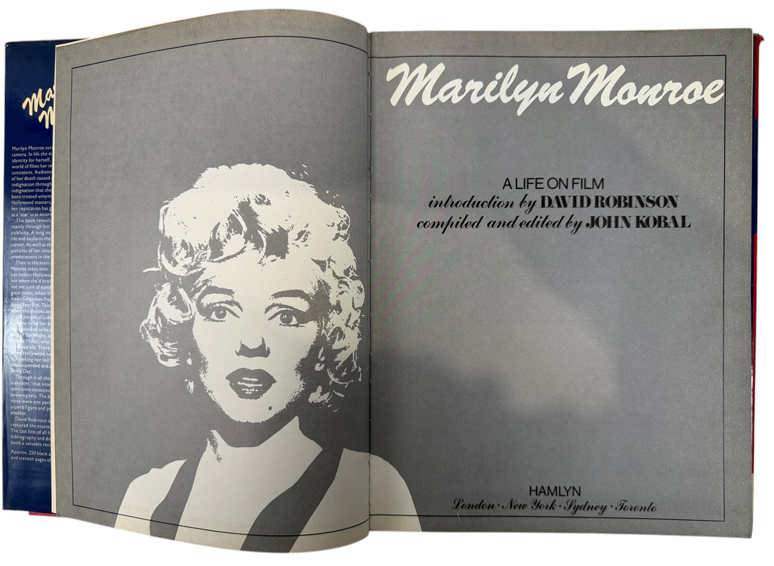 Vintage hardcover photo biography of Marilyn Monroe by John Kobal featuring rare film stills and contact sheets. Collectible Hollywood book with iconic imagery.