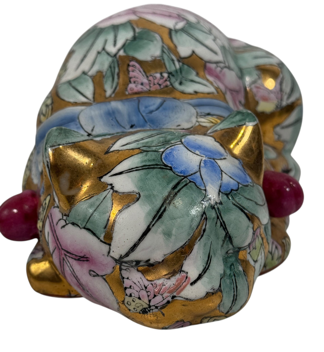 Large 10” Famille Rose porcelain reclining cat with floral enamels and gilt details. Mid-century Chinese export decor piece. Beautiful display sculpture.