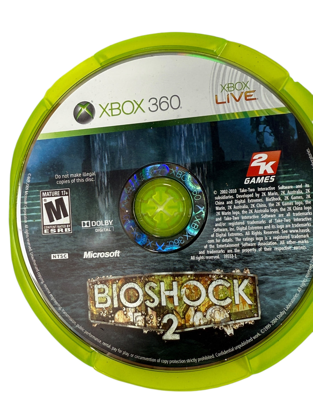 BioShock 2 Xbox 360 complete with disc and manual. NTSC edition in good working condition. Classic action shooter in Rapture. Fast Canadian shipping.