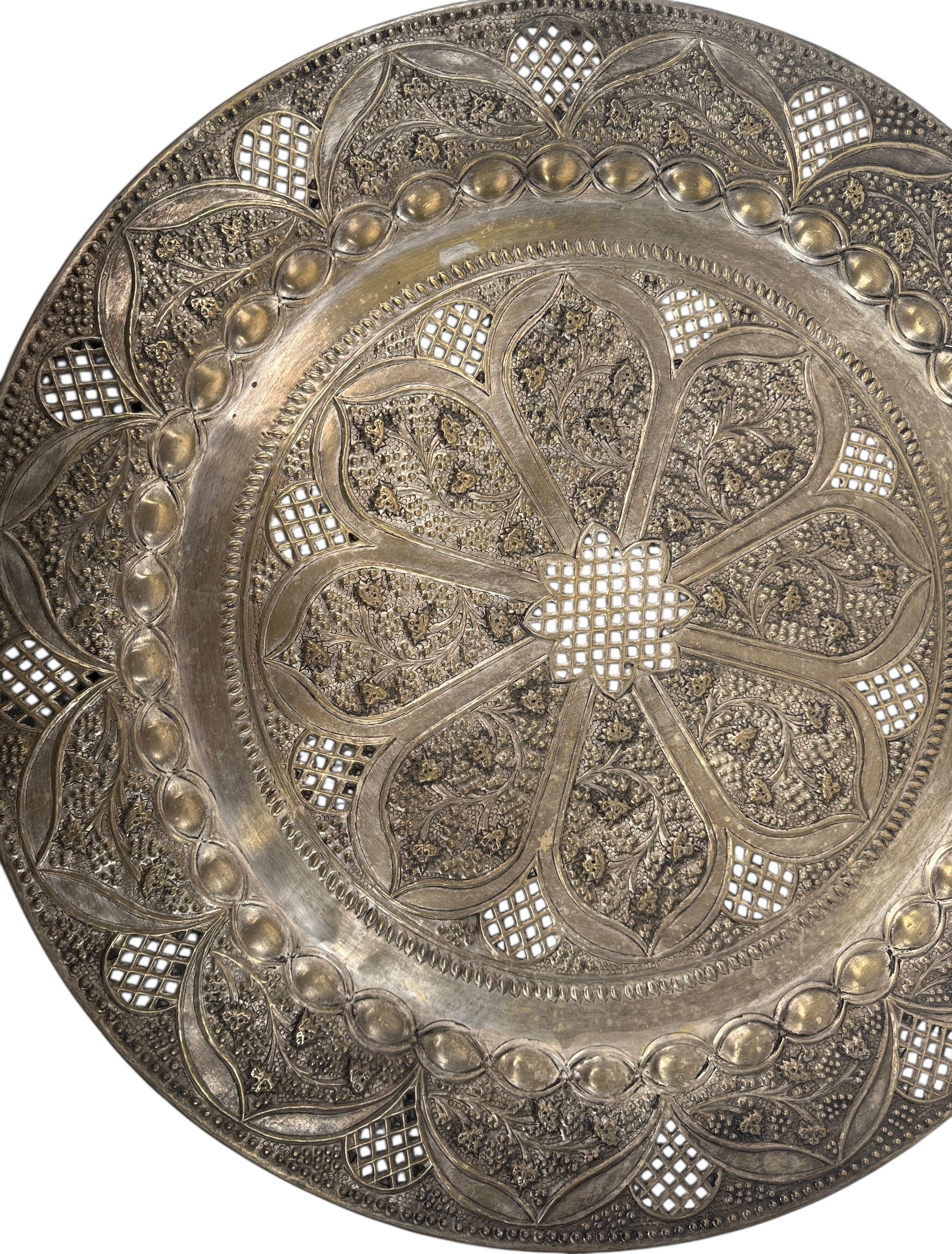 Vintage 24” solid brass tray made in India with hand-chased floral design and pierced edging. Ideal for décor or table use. Classic mid-century export piece.