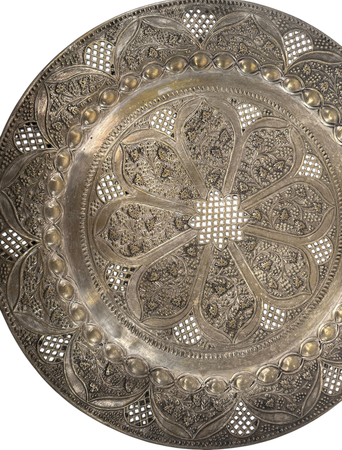 Vintage 24” solid brass tray made in India with hand-chased floral design and pierced edging. Ideal for décor or table use. Classic mid-century export piece.