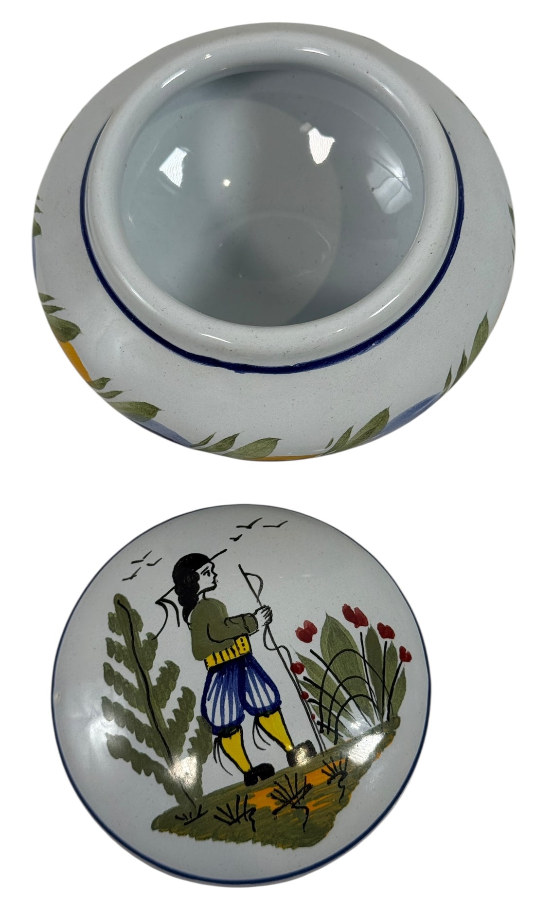 Hand-painted Henriot Quimper faience covered bowl with Breton figure lid, dated 2001. Studio-quality collectible in excellent condition. France-made ceramic.