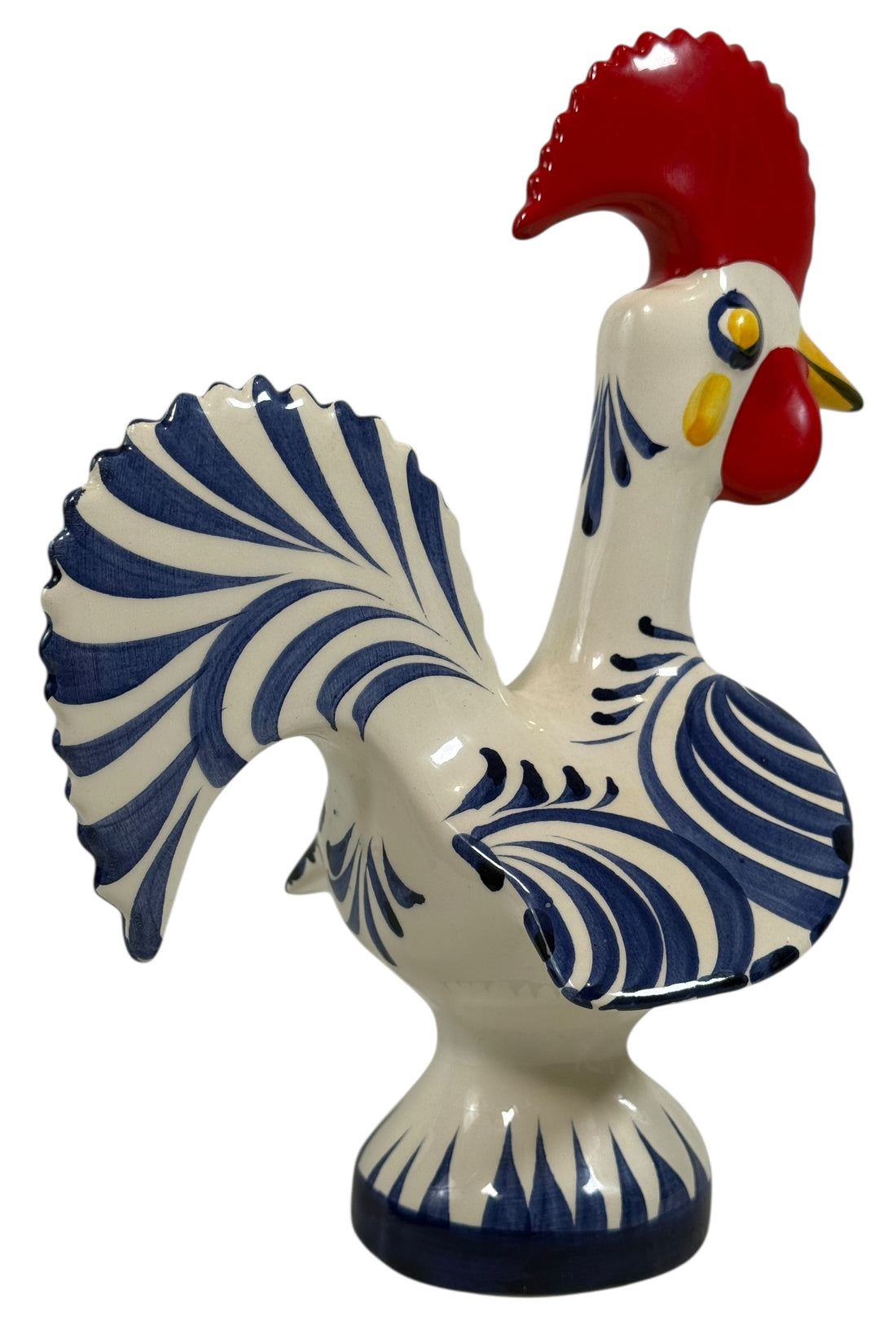 Hand-painted Portuguese ceramic rooster, 8¼” signed studio piece. Cobalt blue folk-art décor with excellent detail. Vintage-style collectible pottery.