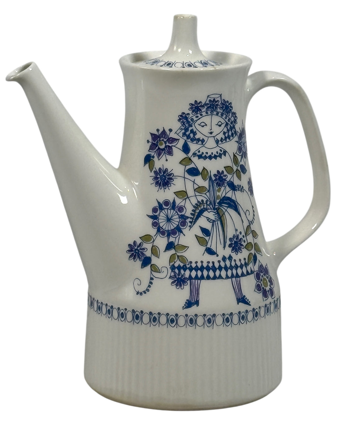 Hand-painted Lotte Finland coffee pot with blue folk art motif, 8¼” tall. Vintage Scandinavian ceramic in excellent condition. Collectible kitchen decor.