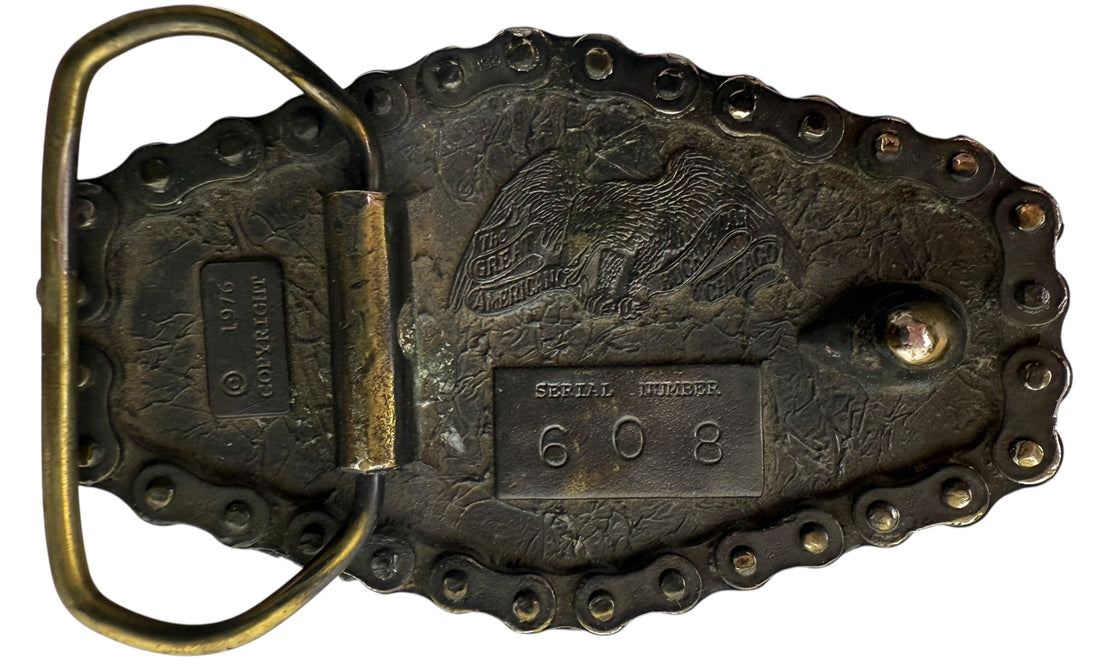 Vintage 1976 Honda motorcycle belt buckle by Great American Buckle Co. USA-made with real chain edge, authentic biker collectible.