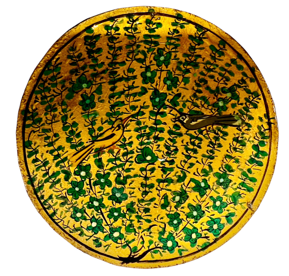 Vintage Kashmiri papier-mâché box with six matching coasters, hand-painted floral and bird design, traditional Indian folk art decor.
