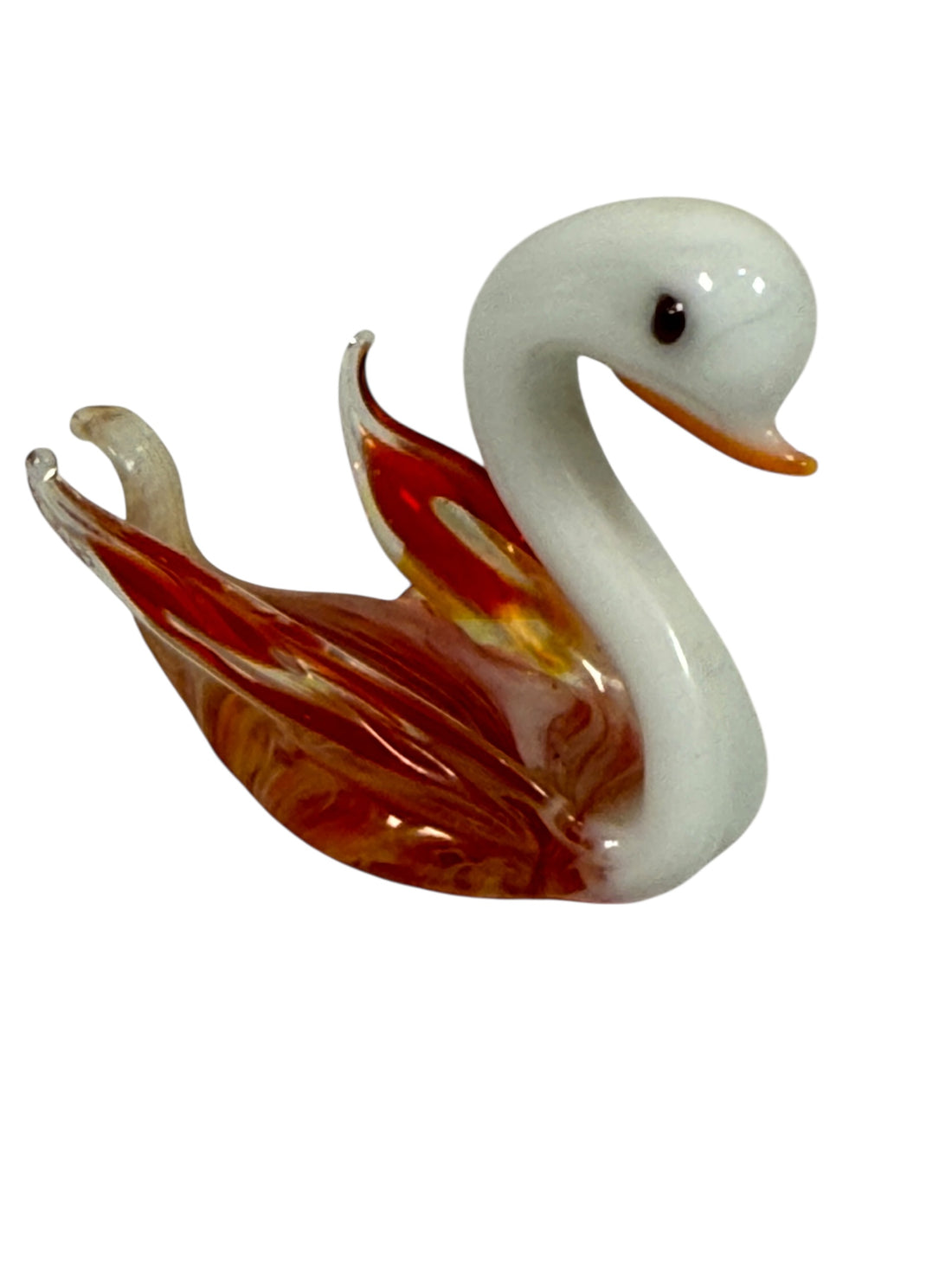 Murano-style art glass swan family set with opaline bodies and amber wings. Decorative 5-piece vintage-style glass display.