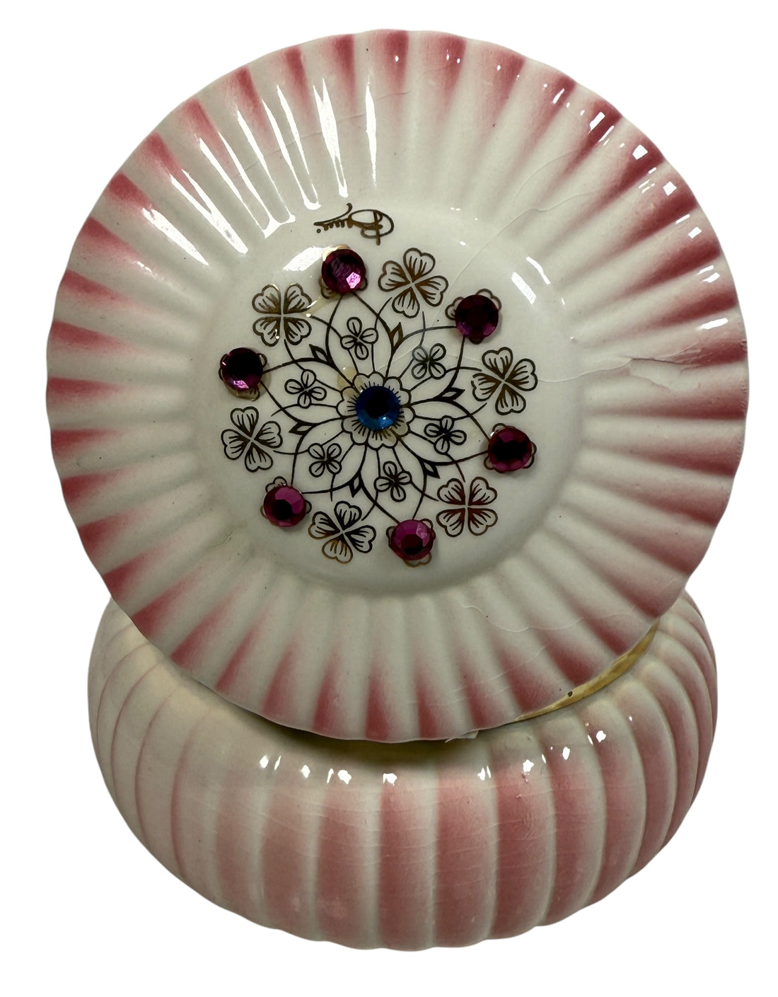 Vintage Italian porcelain trinket box with jeweled lid, Capodimonte-style décor, Made in Italy, mid-century vanity box with gilt floral details.