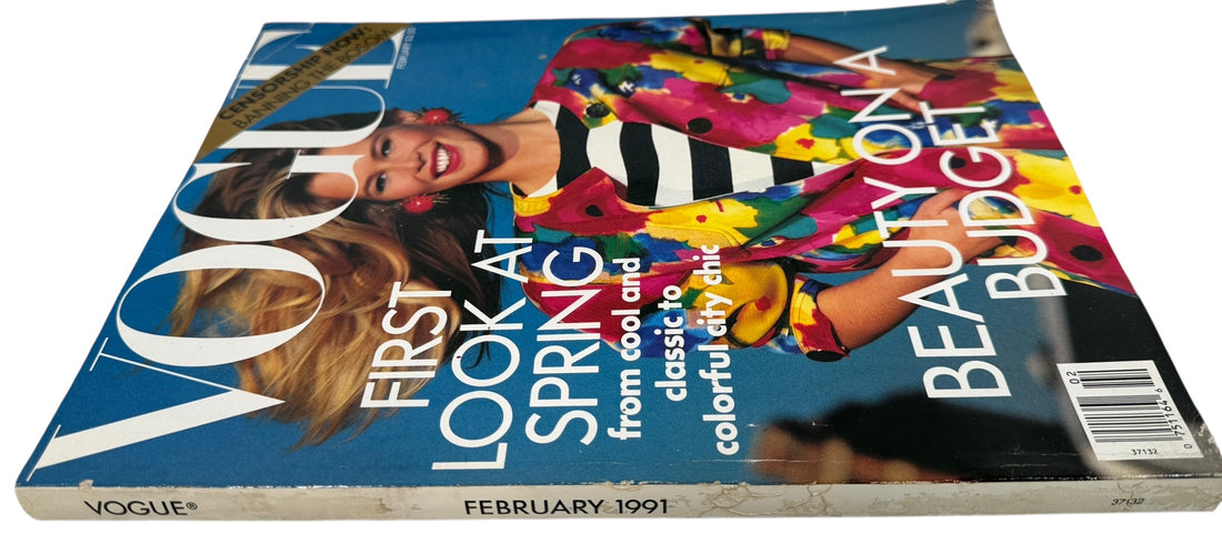Vintage Vogue February 1991 issue featuring Claudia Schiffer, GUESS editorial, and iconic early 90s fashion and Absolut Chicago advertising.