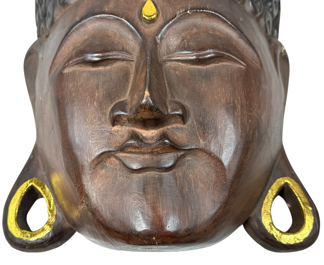 Large hand-carved wooden Buddha wall mask with gold accents, 20 inches tall. Southeast Asian decorative carving, hollow-back wall mount.