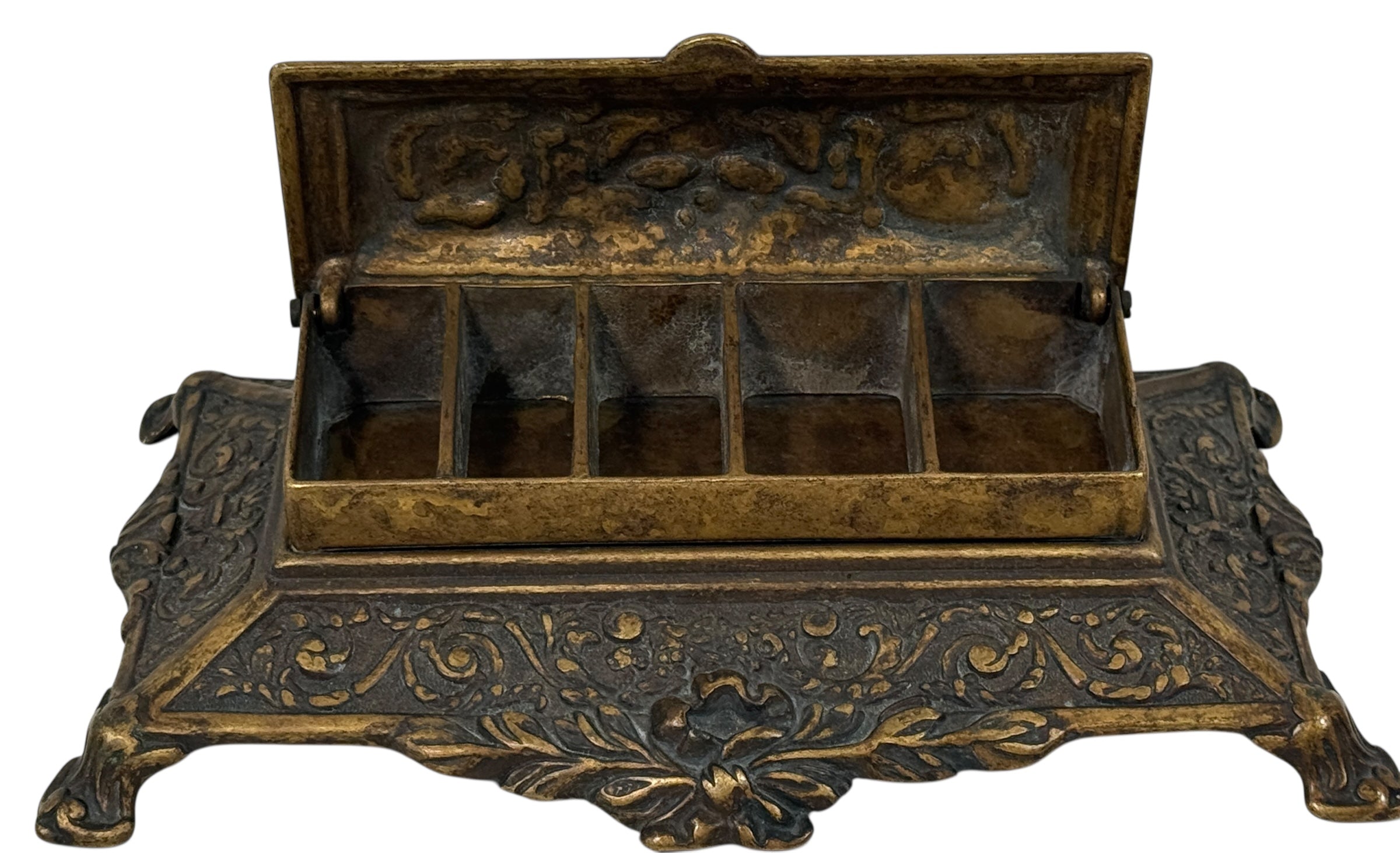 Vintage Italian cast metal desk stamp box in antique Victorian style with divided interior and aged bronze finish. Decorative postal desk accessory.