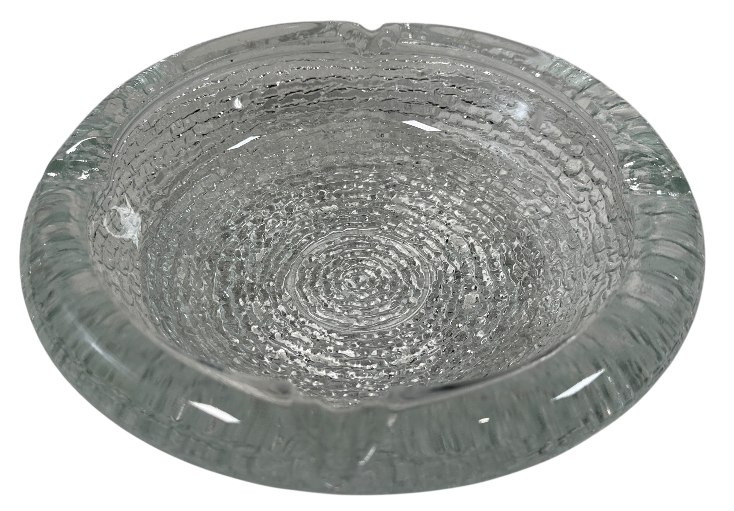Vintage Iittala Ultima Thule glass ashtray by Tapio Wirkkala, 8 inch diameter. Iconic Finnish modernist pressed glass design.