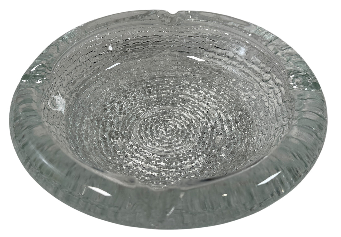 Vintage Iittala Ultima Thule glass ashtray by Tapio Wirkkala, 8 inch diameter. Iconic Finnish modernist pressed glass design.