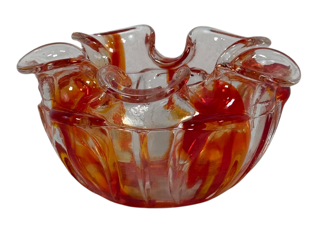 Vintage Murano-style Italian sommerso art glass bowl with red and amber encased glass and folded rim. Hand-blown decorative bowl, 6 inches wide.