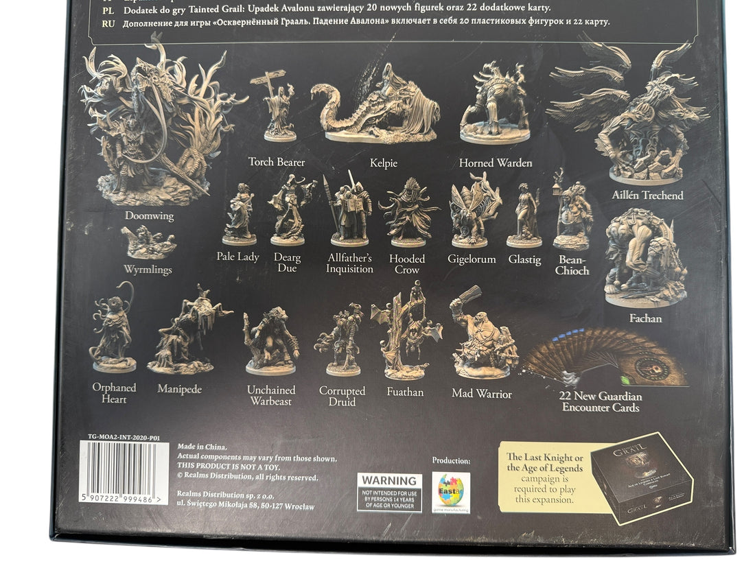 Out-of-print Tainted Grail Monsters of Avalon expansion with 20 miniatures and 22 cards. Complete, unpainted, excellent condition.