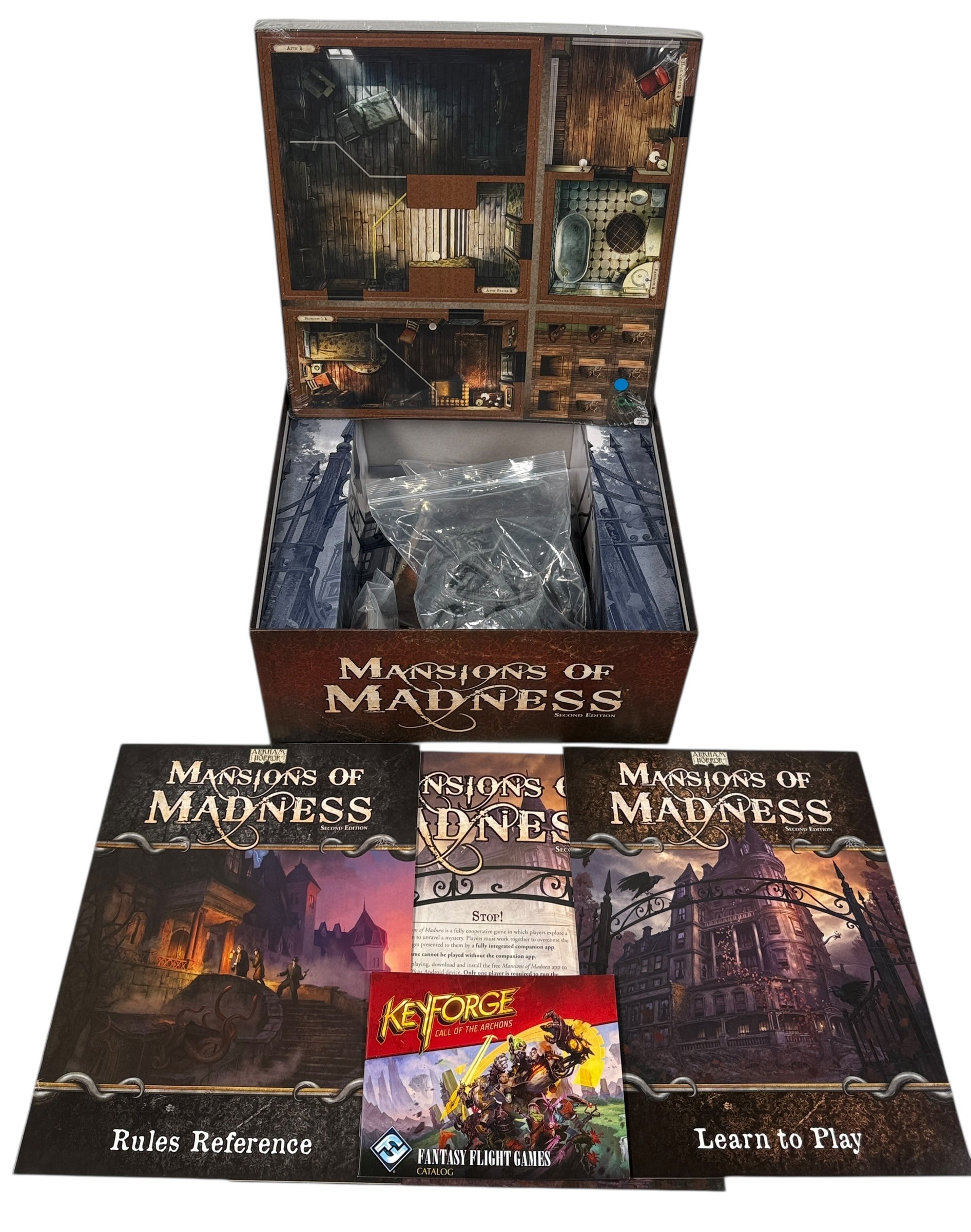 Cooperative horror board game for 1–5 players. Mansions of Madness Second Edition by Fantasy Flight, complete with tiles, minis, and rules.