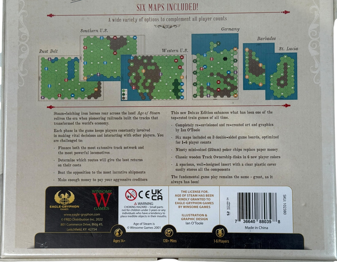 Sealed Age of Steam Deluxe Edition board game by Eagle-Gryphon. Premium Euro strategy classic with multiple maps. Collector-grade, new in wrap.