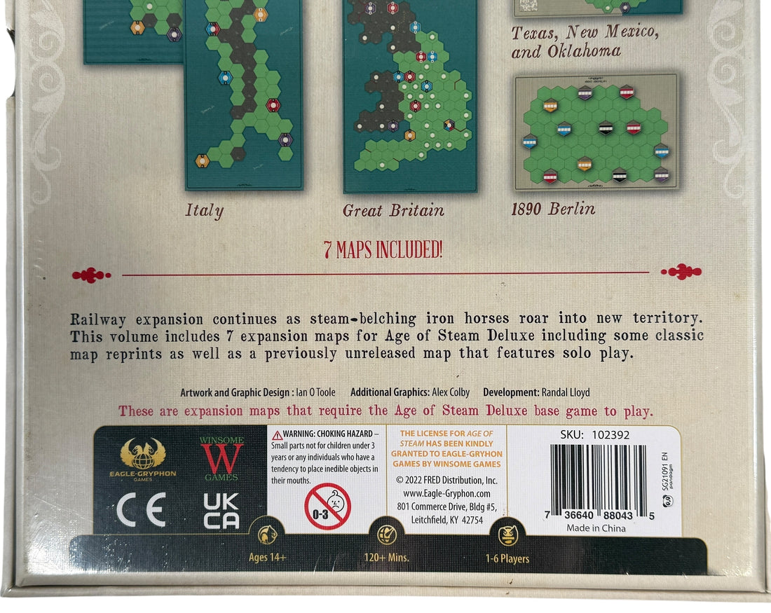 Sealed Age of Steam Deluxe Expansion Volume II with 7 maps including solo play. Essential expansion for fans of the classic railway strategy game.