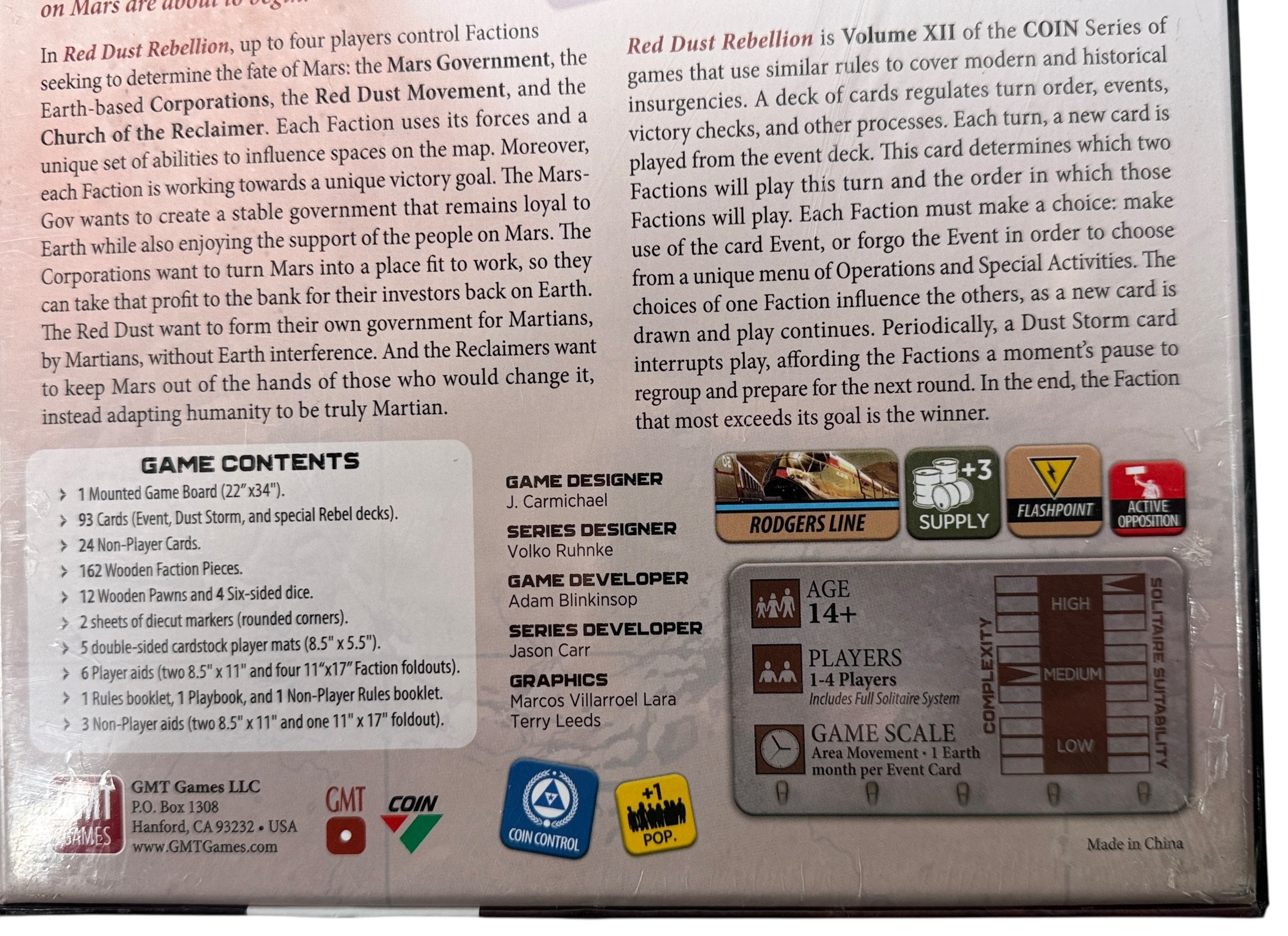 Sealed copy of Red Dust Rebellion, COIN Series Volume XII by GMT Games. Deep sci-fi strategy board game set on Mars. New in shrink.