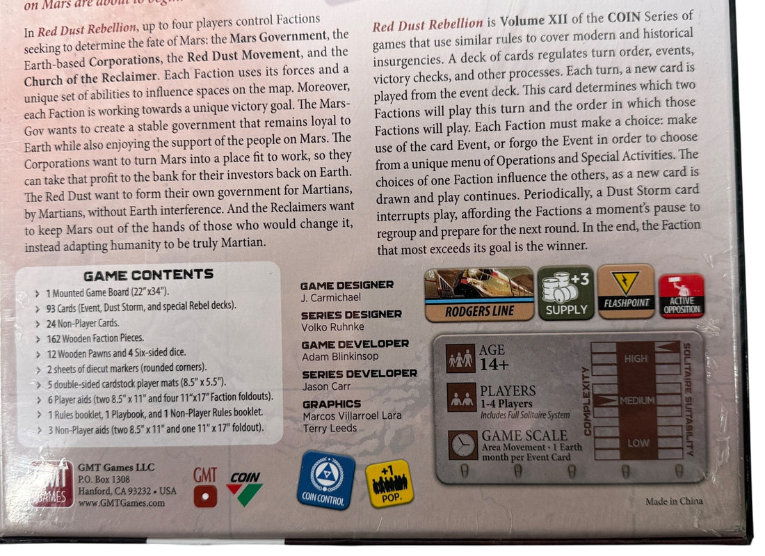 Sealed copy of Red Dust Rebellion, COIN Series Volume XII by GMT Games. Deep sci-fi strategy board game set on Mars. New in shrink.