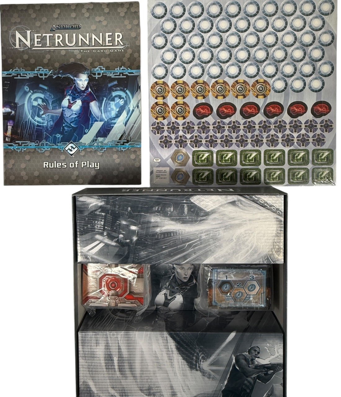 Out-of-print Android Netrunner Core Set by Fantasy Flight Games. Complete with sealed cards and unused tokens. Collector-grade cyberpunk card game.