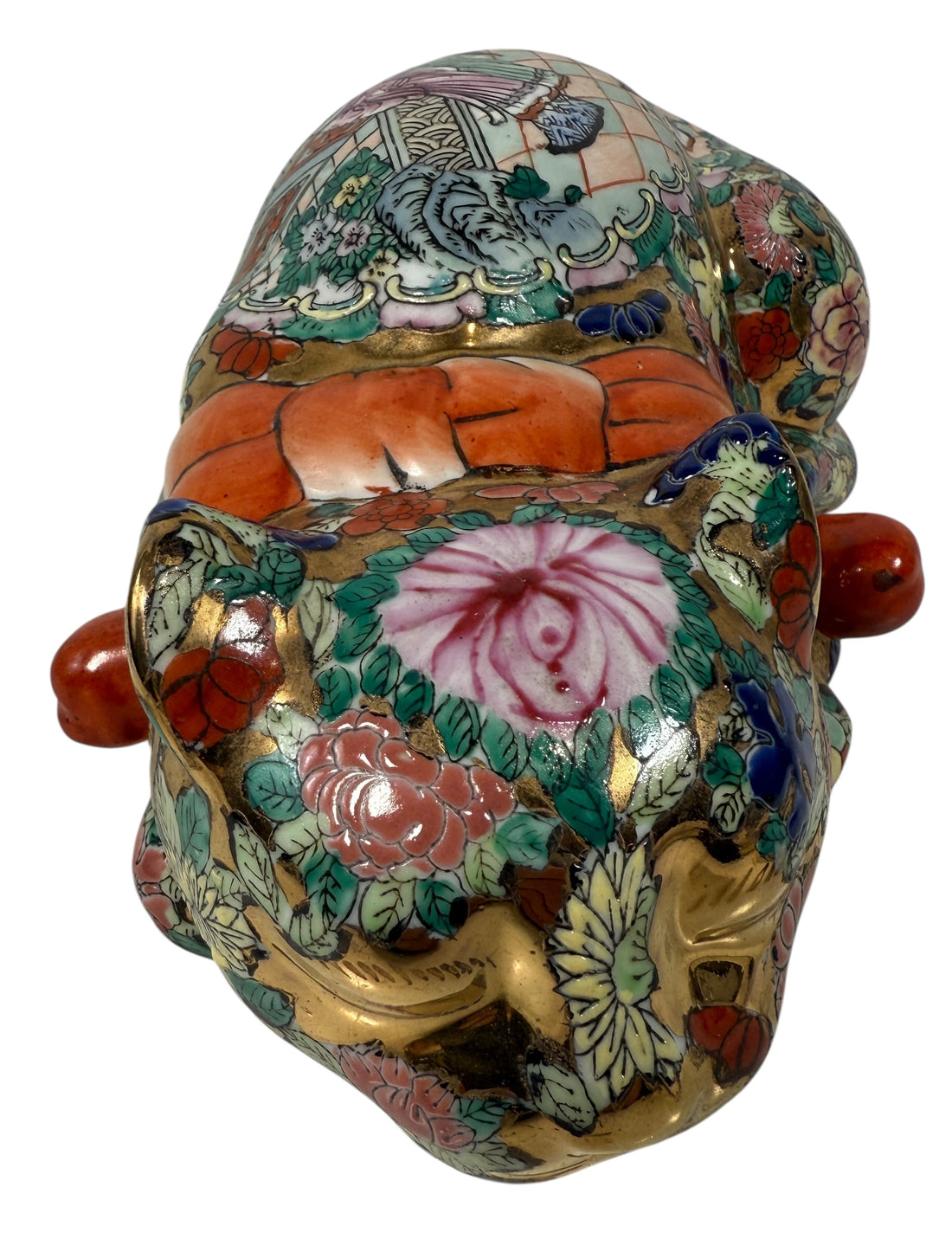 Hand Painted Asian Porcelain Sleeping Cat – Floral Gilt Decor