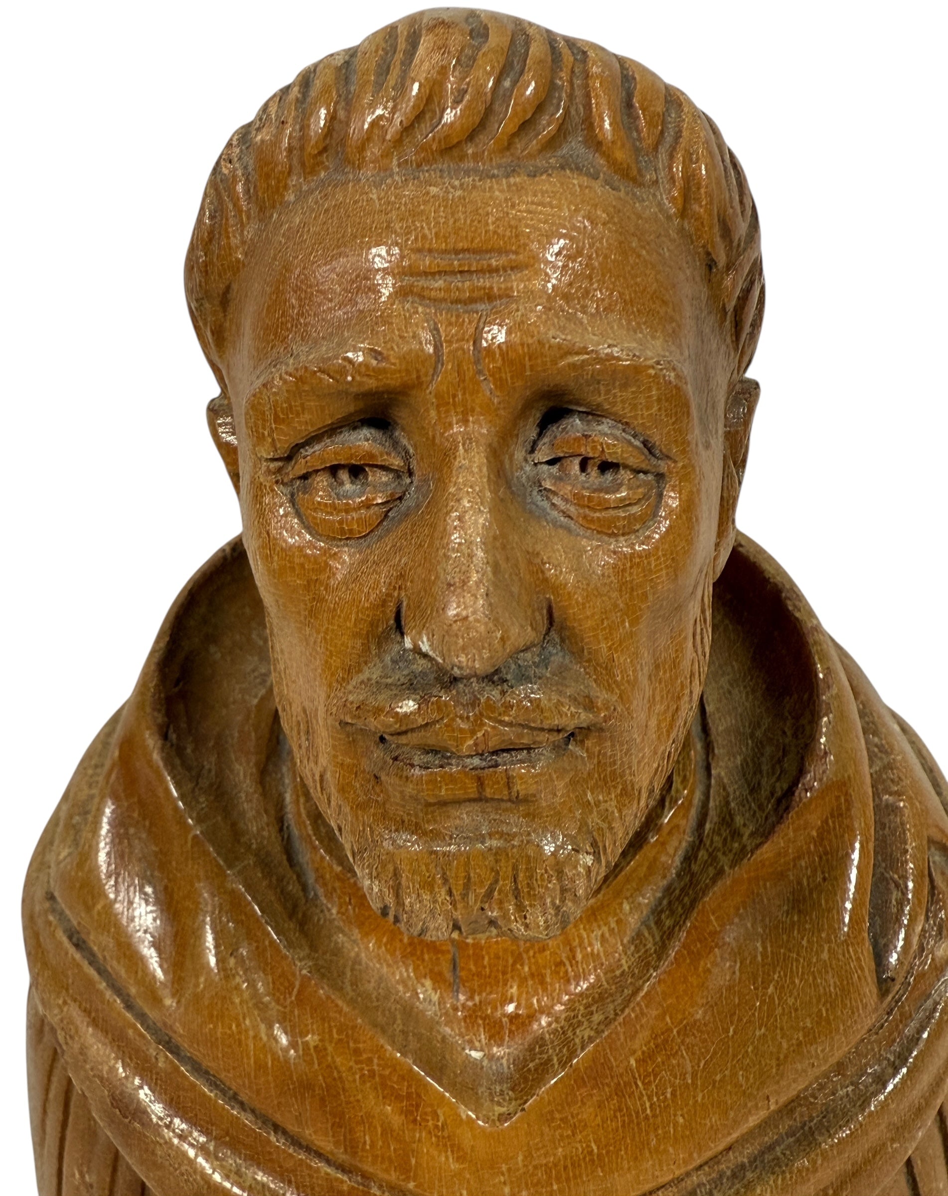 Hand-carved mid-century wood monk bust. Vintage religious décor from Europe. Warm handcrafted detail. Ideal for collectors and spiritual home staging.