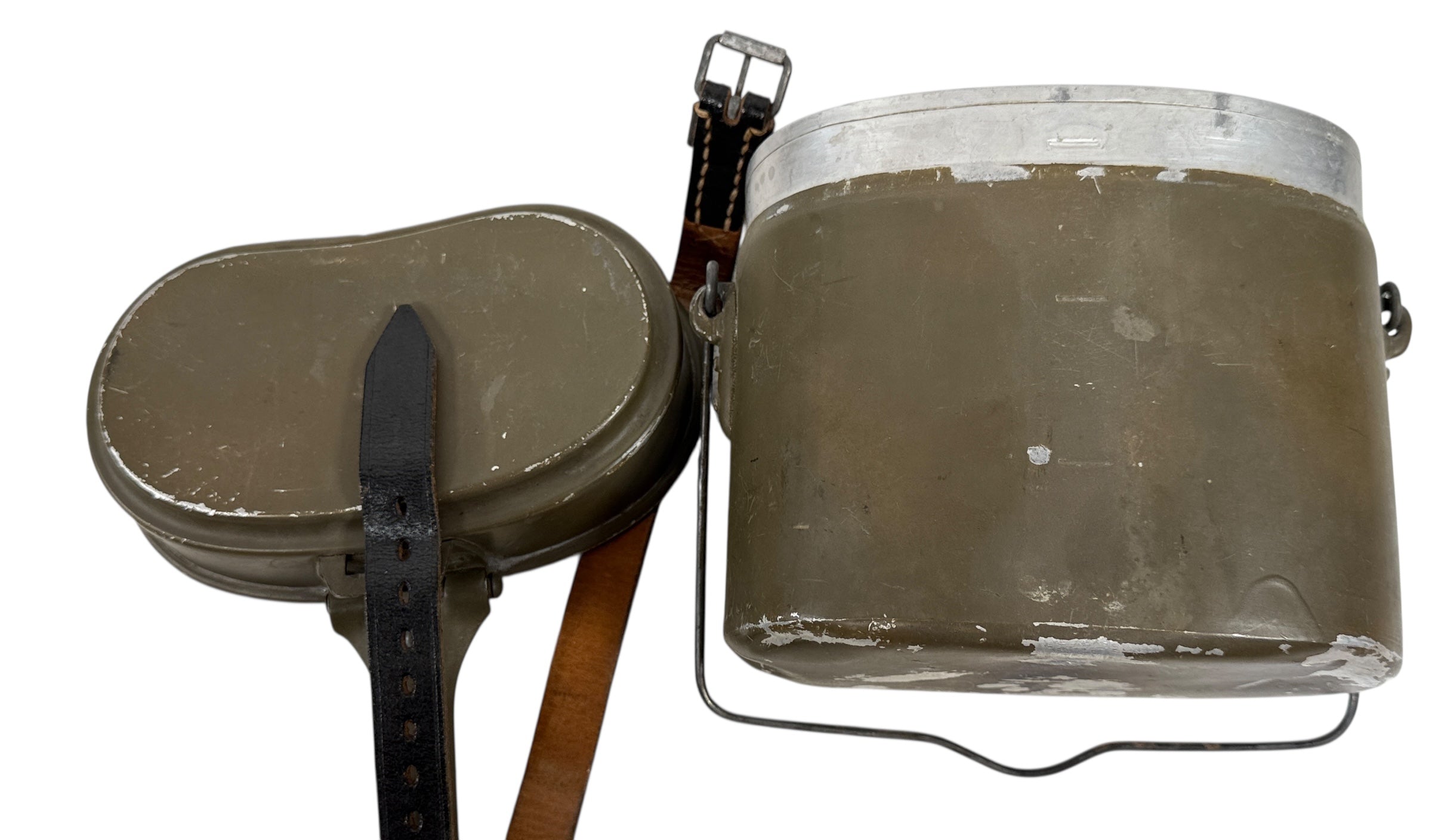 Vintage Swedish Army steel mess kit with original leather strap, WWII era field gear in good condition. Collectible military surplus. Fast shipping from Canada.