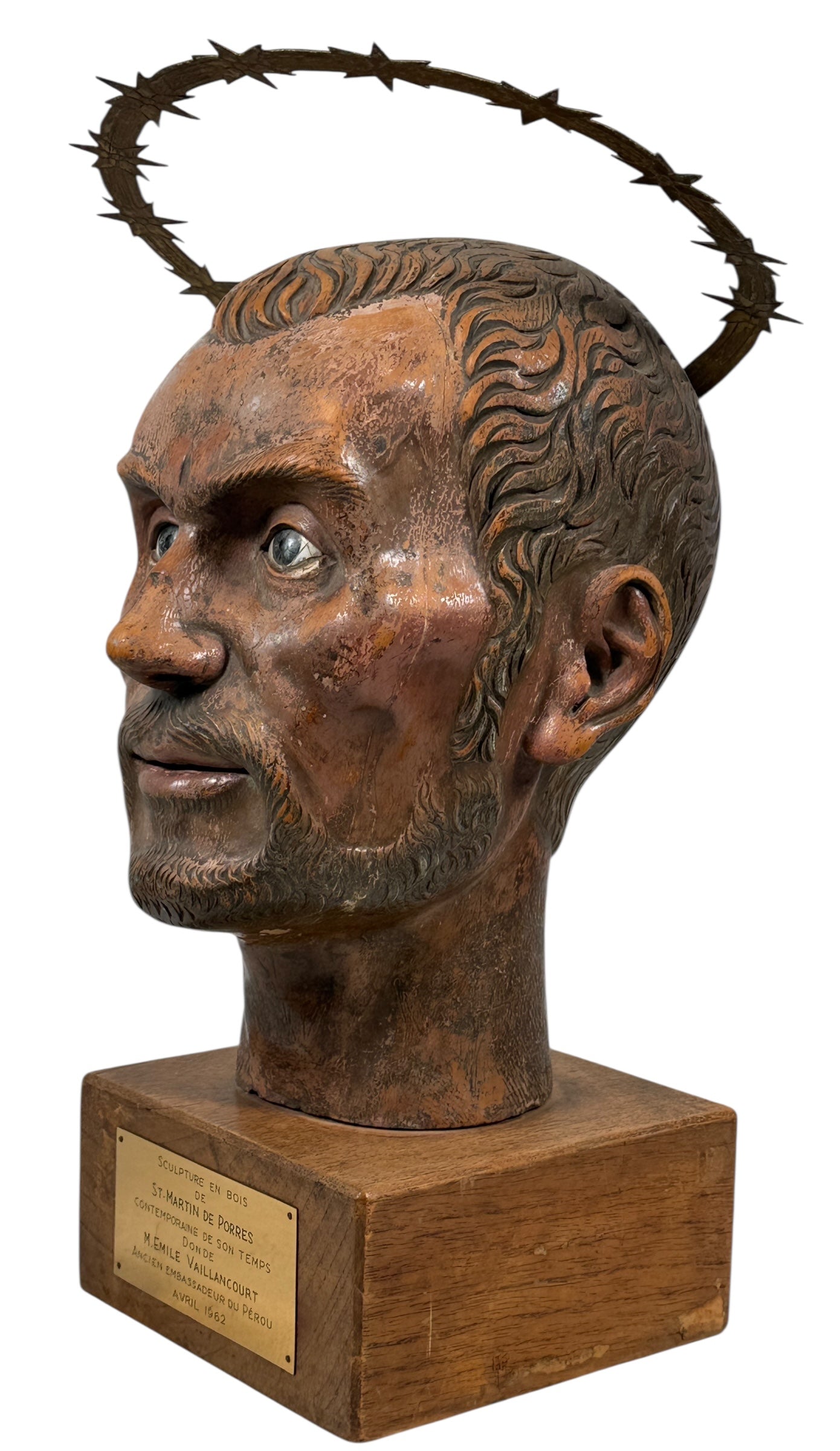 Wood bust of Saint Martin de Porres (1962) with diplomatic provenance from Canadian Ambassador in Peru. Glass eyes, halo, presentation plaque. Rare devotional art.